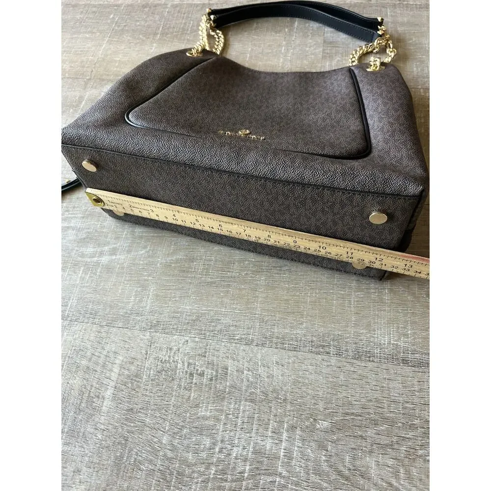 Michael Kors Jet Set Large Chain Tote Brown MK Monogram PVC Leather Trim Bag EUC
